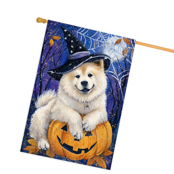 Chow Chow Dog Halloween House Flag with Witchy Spider Web and Pumpkin Fall Harvest Porch Banner Autumn Farmhouse Outdoor Home Decoration for Dog Dads and Pet Lovers Double Sided 28 x 40