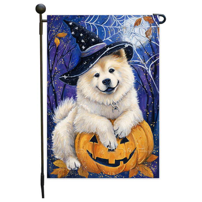 Chow Chow Dog Halloween Garden Flag with Witchy Spider Web and Spooky Fall Design Outdoor Yard Banner Autumn Lawn Decoration Holiday Porch Décor Gift for Dog Lovers and Men Single or Double Sided 12.5 x 18