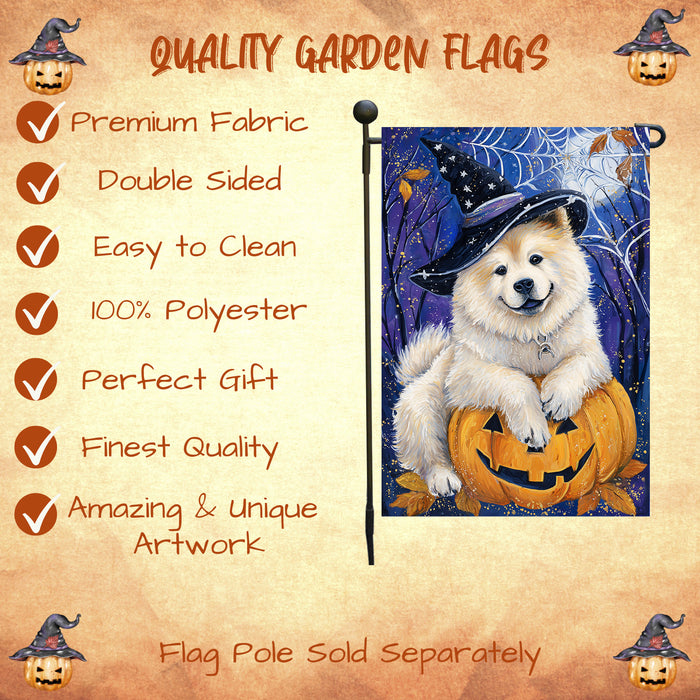 Chow Chow Dog Halloween Garden Flag with Witchy Spider Web and Spooky Fall Design Outdoor Yard Banner Autumn Lawn Decoration Holiday Porch Décor Gift for Dog Lovers and Men Single or Double Sided 12.5 x 18