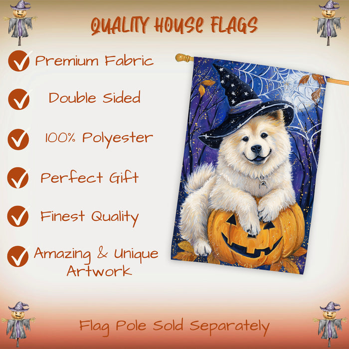 Chow Chow Dog Halloween House Flag with Witchy Spider Web and Pumpkin Fall Harvest Porch Banner Autumn Farmhouse Outdoor Home Decoration for Dog Dads and Pet Lovers Double Sided 28 x 40