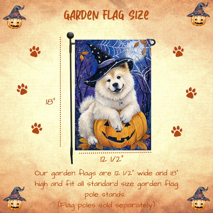 Chow Chow Dog Halloween Garden Flag with Witchy Spider Web and Spooky Fall Design Outdoor Yard Banner Autumn Lawn Decoration Holiday Porch Décor Gift for Dog Lovers and Men Single or Double Sided 12.5 x 18