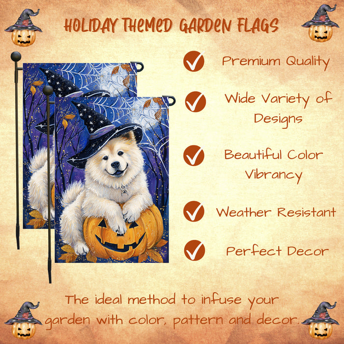 Chow Chow Dog Halloween Garden Flag with Witchy Spider Web and Spooky Fall Design Outdoor Yard Banner Autumn Lawn Decoration Holiday Porch Décor Gift for Dog Lovers and Men Single or Double Sided 12.5 x 18