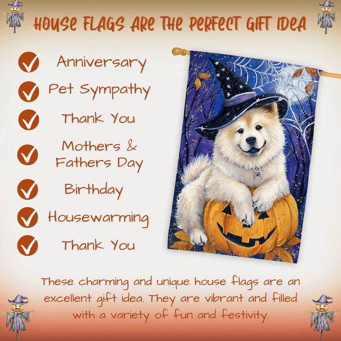 Chow Chow Dog Halloween House Flag with Witchy Spider Web and Pumpkin Fall Harvest Porch Banner Autumn Farmhouse Outdoor Home Decoration for Dog Dads and Pet Lovers Double Sided 28 x 40