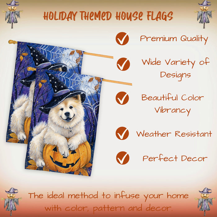 Chow Chow Dog Halloween House Flag with Witchy Spider Web and Pumpkin Fall Harvest Porch Banner Autumn Farmhouse Outdoor Home Decoration for Dog Dads and Pet Lovers Double Sided 28 x 40
