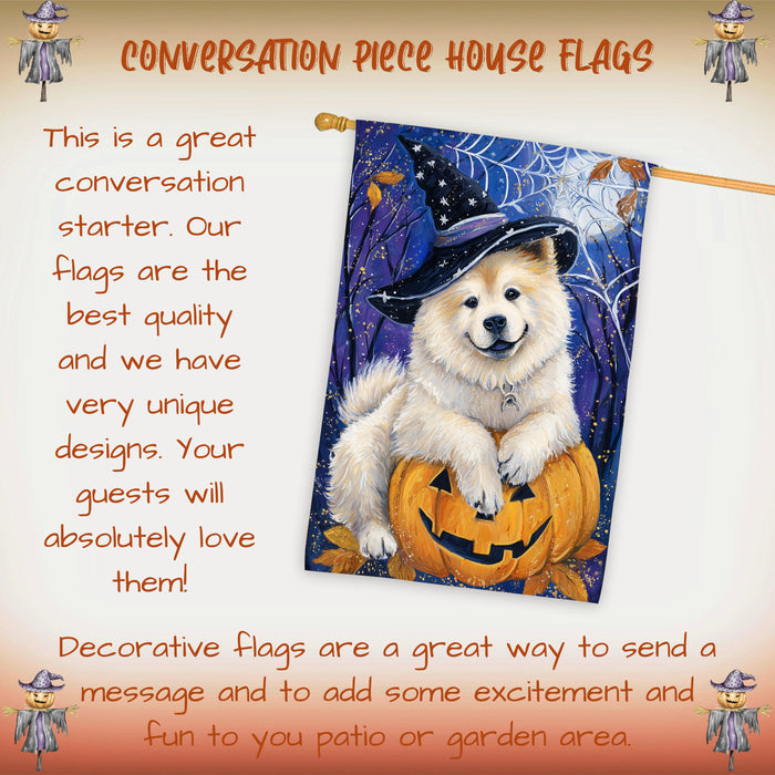 Chow Chow Dog Halloween House Flag with Witchy Spider Web and Pumpkin Fall Harvest Porch Banner Autumn Farmhouse Outdoor Home Decoration for Dog Dads and Pet Lovers Double Sided 28 x 40
