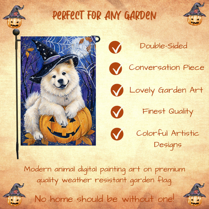 Chow Chow Dog Halloween Garden Flag with Witchy Spider Web and Spooky Fall Design Outdoor Yard Banner Autumn Lawn Decoration Holiday Porch Décor Gift for Dog Lovers and Men Single or Double Sided 12.5 x 18