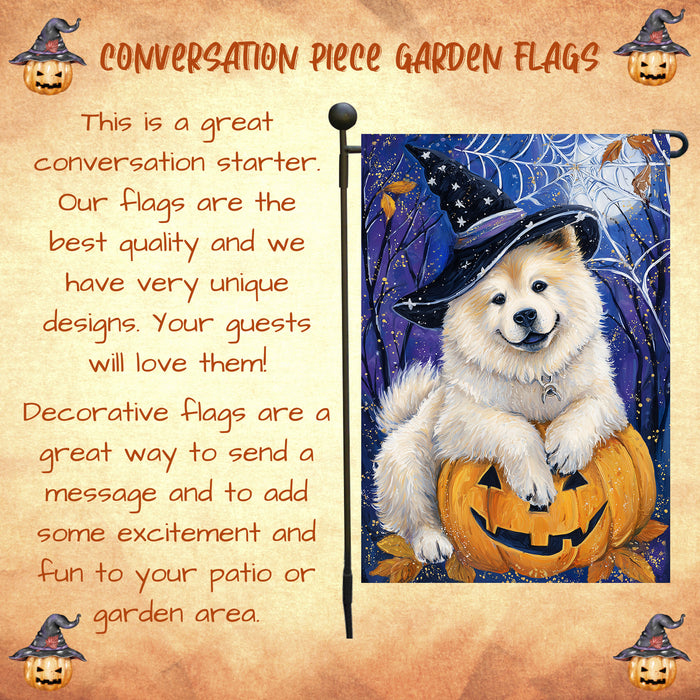 Chow Chow Dog Halloween Garden Flag with Witchy Spider Web and Spooky Fall Design Outdoor Yard Banner Autumn Lawn Decoration Holiday Porch Décor Gift for Dog Lovers and Men Single or Double Sided 12.5 x 18