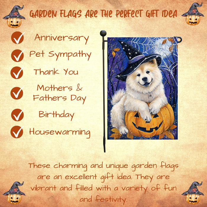 Chow Chow Dog Halloween Garden Flag with Witchy Spider Web and Spooky Fall Design Outdoor Yard Banner Autumn Lawn Decoration Holiday Porch Décor Gift for Dog Lovers and Men Single or Double Sided 12.5 x 18