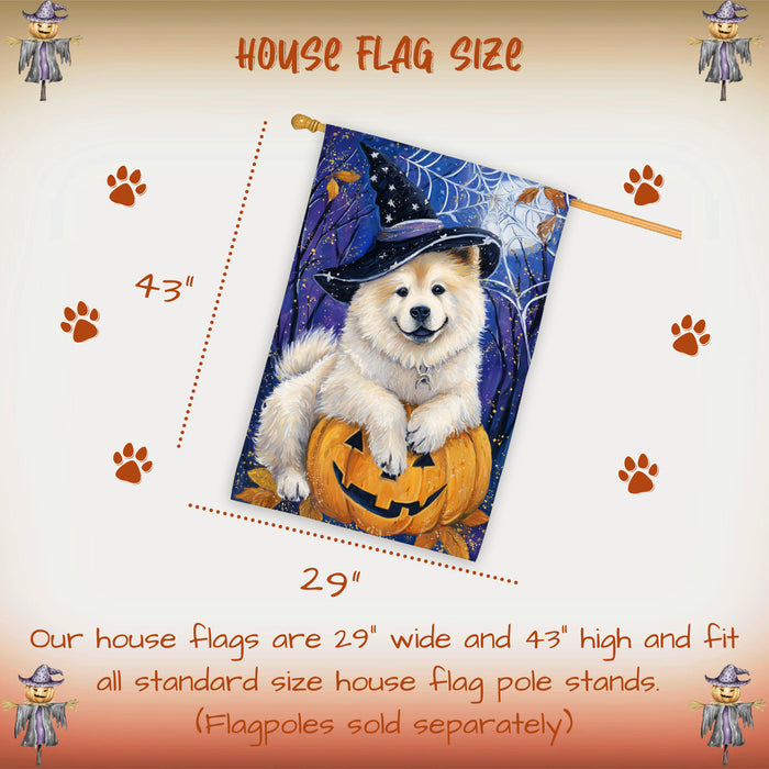 Chow Chow Dog Halloween House Flag with Witchy Spider Web and Pumpkin Fall Harvest Porch Banner Autumn Farmhouse Outdoor Home Decoration for Dog Dads and Pet Lovers Double Sided 28 x 40