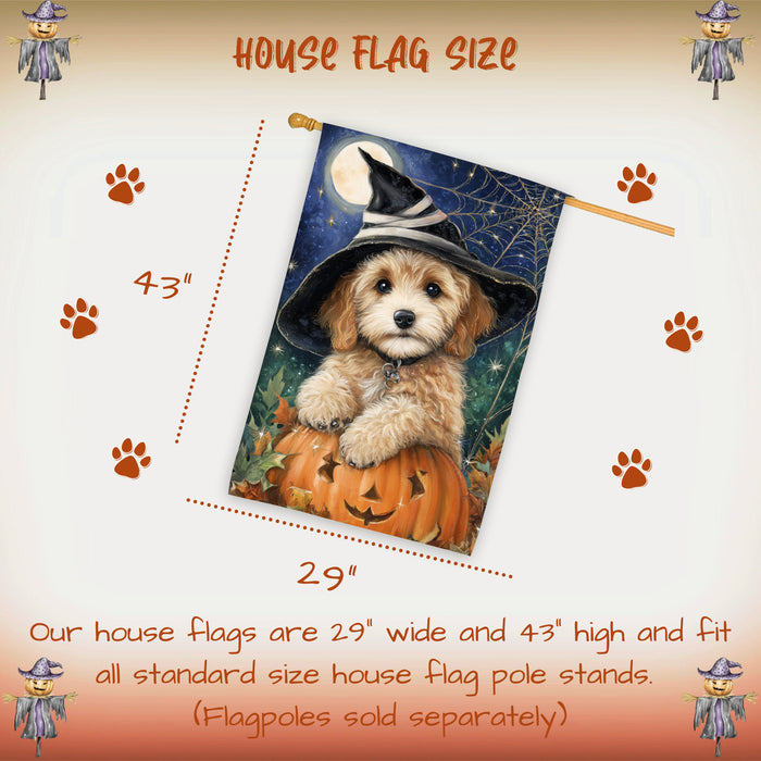 Cockapoo Dog Halloween House Flag with Witch Hat and Spider Web Fall Harvest Porch Banner Autumn Farmhouse Outdoor Home Decoration for Dog Mamas and Pet Lovers Double Sided 28 x 40