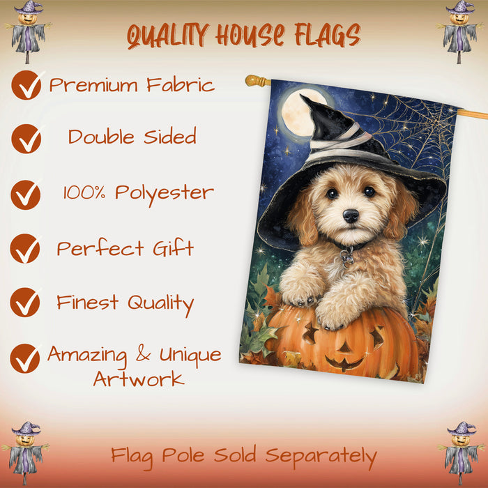 Cockapoo Dog Halloween House Flag with Witch Hat and Spider Web Fall Harvest Porch Banner Autumn Farmhouse Outdoor Home Decoration for Dog Mamas and Pet Lovers Double Sided 28 x 40