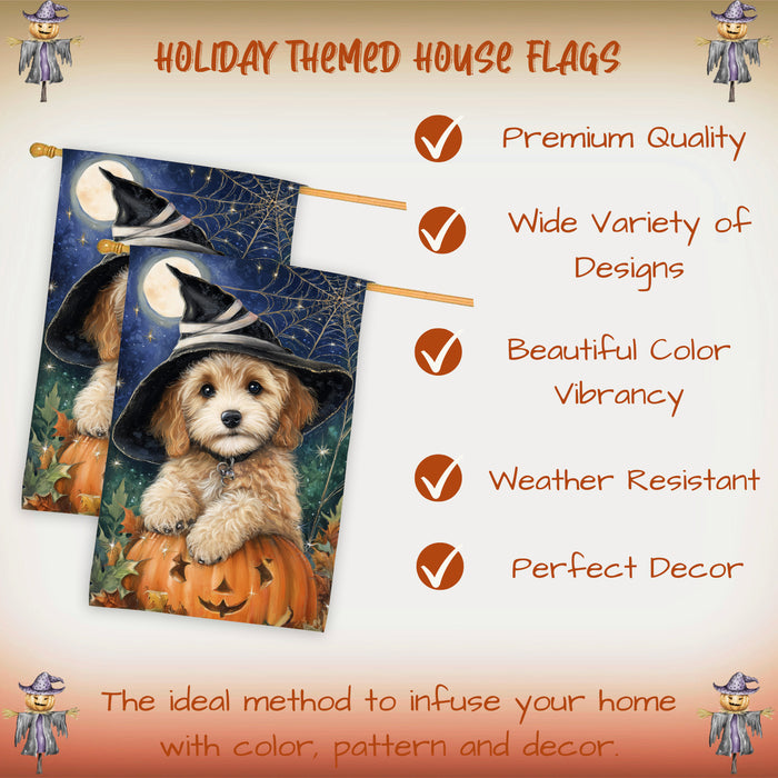 Cockapoo Dog Halloween House Flag with Witch Hat and Spider Web Fall Harvest Porch Banner Autumn Farmhouse Outdoor Home Decoration for Dog Mamas and Pet Lovers Double Sided 28 x 40