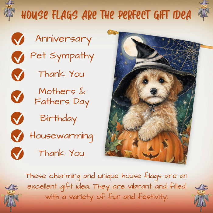 Cockapoo Dog Halloween House Flag with Witch Hat and Spider Web Fall Harvest Porch Banner Autumn Farmhouse Outdoor Home Decoration for Dog Mamas and Pet Lovers Double Sided 28 x 40