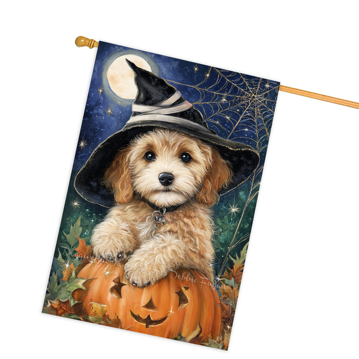 Cockapoo Dog Halloween House Flag with Witch Hat and Spider Web Fall Harvest Porch Banner Autumn Farmhouse Outdoor Home Decoration for Dog Mamas and Pet Lovers Double Sided 28 x 40