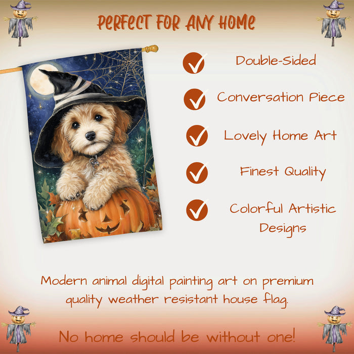 Cockapoo Dog Halloween House Flag with Witch Hat and Spider Web Fall Harvest Porch Banner Autumn Farmhouse Outdoor Home Decoration for Dog Mamas and Pet Lovers Double Sided 28 x 40