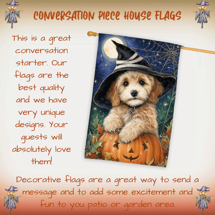 Cockapoo Dog Halloween House Flag with Witch Hat and Spider Web Fall Harvest Porch Banner Autumn Farmhouse Outdoor Home Decoration for Dog Mamas and Pet Lovers Double Sided 28 x 40