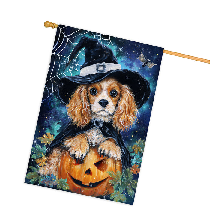 Cocker Spaniel Dog Halloween House Flag with Witch Hat and Pumpkin Spider Web Fall Harvest Porch Banner Autumn Farmhouse Outdoor Home Decoration for Dog Lovers Double Sided 28 x 40
