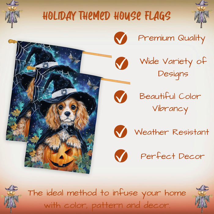 Cocker Spaniel Dog Halloween House Flag with Witch Hat and Pumpkin Spider Web Fall Harvest Porch Banner Autumn Farmhouse Outdoor Home Decoration for Dog Lovers Double Sided 28 x 40