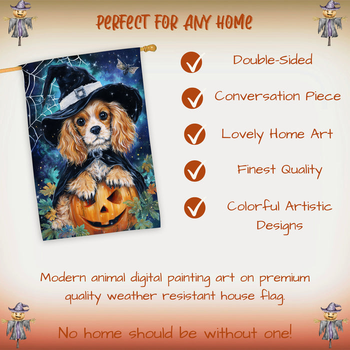 Cocker Spaniel Dog Halloween House Flag with Witch Hat and Pumpkin Spider Web Fall Harvest Porch Banner Autumn Farmhouse Outdoor Home Decoration for Dog Lovers Double Sided 28 x 40
