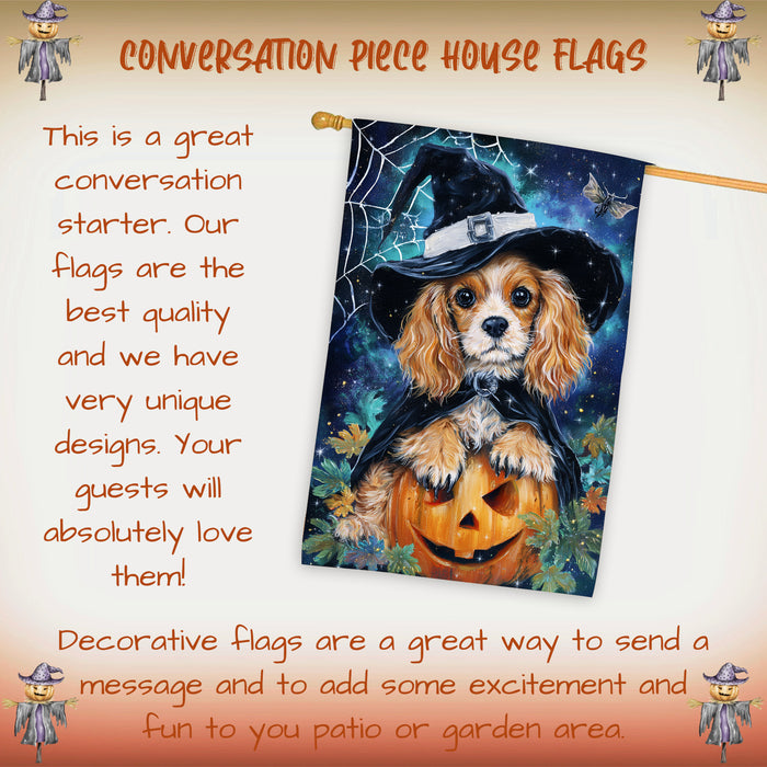 Cocker Spaniel Dog Halloween House Flag with Witch Hat and Pumpkin Spider Web Fall Harvest Porch Banner Autumn Farmhouse Outdoor Home Decoration for Dog Lovers Double Sided 28 x 40