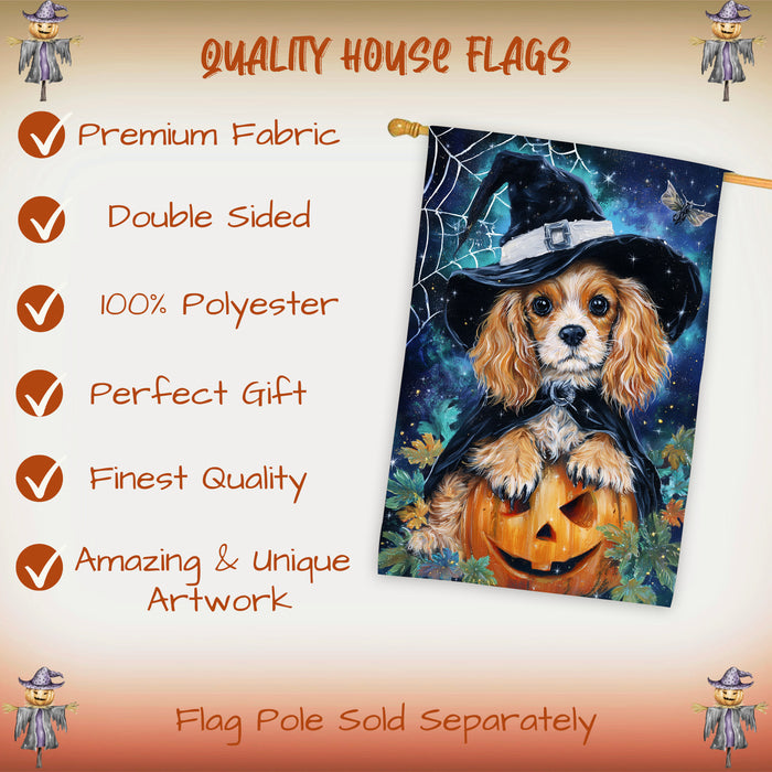 Cocker Spaniel Dog Halloween House Flag with Witch Hat and Pumpkin Spider Web Fall Harvest Porch Banner Autumn Farmhouse Outdoor Home Decoration for Dog Lovers Double Sided 28 x 40