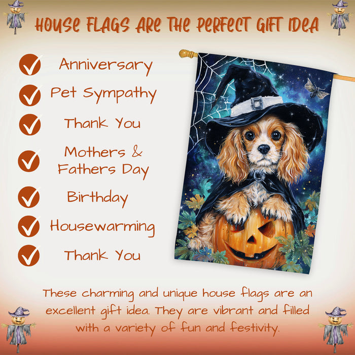 Cocker Spaniel Dog Halloween House Flag with Witch Hat and Pumpkin Spider Web Fall Harvest Porch Banner Autumn Farmhouse Outdoor Home Decoration for Dog Lovers Double Sided 28 x 40