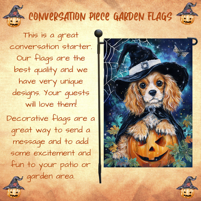 Cocker Spaniel Dog Halloween Garden Flag with Witch Hat and Spider Web Outdoor Yard Banner Fall Pumpkin Lawn Decoration Autumn Holiday Décor Welcome Gift for Dog Lovers Single or Double Sided 12.5 x 18