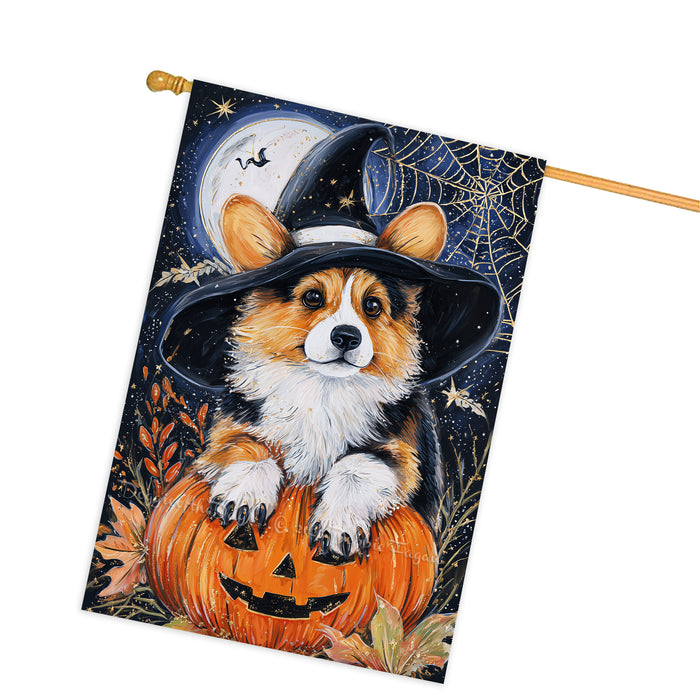 Corgi Dog Halloween House Flag with Witch Hat Purple Pumpkin and Spider Web Fall Harvest Porch Banner Autumn Farmhouse Outdoor Home Decoration for Dog Lovers Double Sided 28 x 40