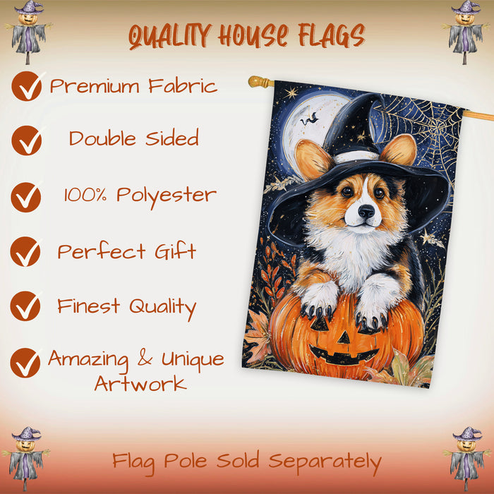 Corgi Dog Halloween House Flag with Witch Hat Purple Pumpkin and Spider Web Fall Harvest Porch Banner Autumn Farmhouse Outdoor Home Decoration for Dog Lovers Double Sided 28 x 40