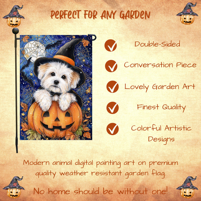 Coton de Tulear Dog Halloween Garden Flag with Trick or Treat Witch Hat Outdoor Yard Banner Fall Harvest Lawn Decoration Autumn Holiday Décor Gift for Friends Single or Double Sided 12.5 x 18