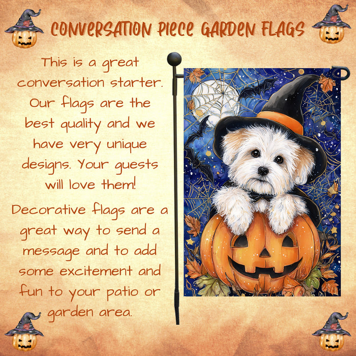 Coton de Tulear Dog Halloween Garden Flag with Trick or Treat Witch Hat Outdoor Yard Banner Fall Harvest Lawn Decoration Autumn Holiday Décor Gift for Friends Single or Double Sided 12.5 x 18