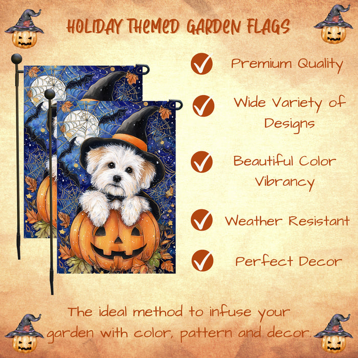 Coton de Tulear Dog Halloween Garden Flag with Trick or Treat Witch Hat Outdoor Yard Banner Fall Harvest Lawn Decoration Autumn Holiday Décor Gift for Friends Single or Double Sided 12.5 x 18
