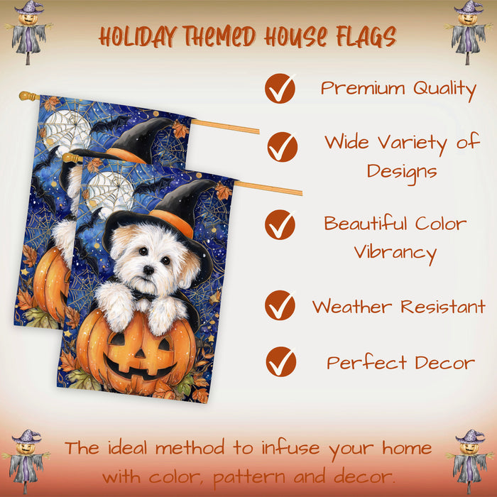 Coton de Tulear Dog Halloween House Flag with Trick or Treat Witch Hat Fall Harvest Porch Banner Autumn Farmhouse Outdoor Home Decoration for Dog Lovers and Friends Double Sided 28 x 40