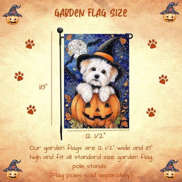 Coton de Tulear Dog Halloween Garden Flag with Trick or Treat Witch Hat Outdoor Yard Banner Fall Harvest Lawn Decoration Autumn Holiday Décor Gift for Friends Single or Double Sided 12.5 x 18