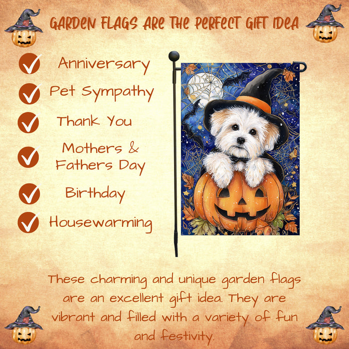 Coton de Tulear Dog Halloween Garden Flag with Trick or Treat Witch Hat Outdoor Yard Banner Fall Harvest Lawn Decoration Autumn Holiday Décor Gift for Friends Single or Double Sided 12.5 x 18