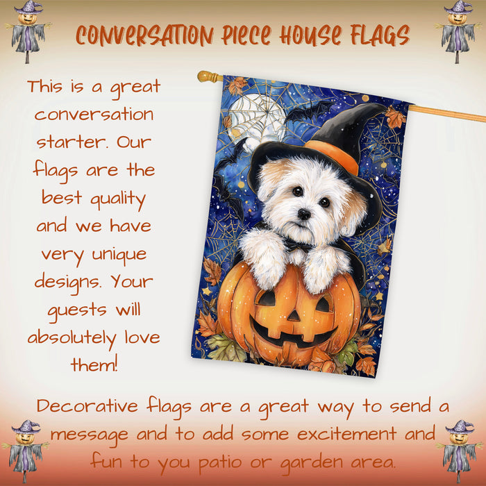 Coton de Tulear Dog Halloween House Flag with Trick or Treat Witch Hat Fall Harvest Porch Banner Autumn Farmhouse Outdoor Home Decoration for Dog Lovers and Friends Double Sided 28 x 40