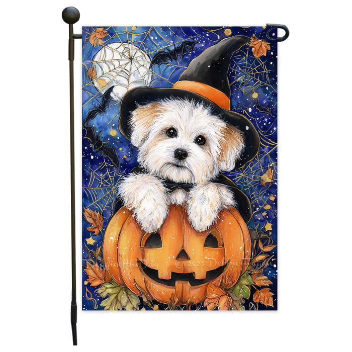 Coton de Tulear Dog Halloween Garden Flag with Trick or Treat Witch Hat Outdoor Yard Banner Fall Harvest Lawn Decoration Autumn Holiday Décor Gift for Friends Single or Double Sided 12.5 x 18