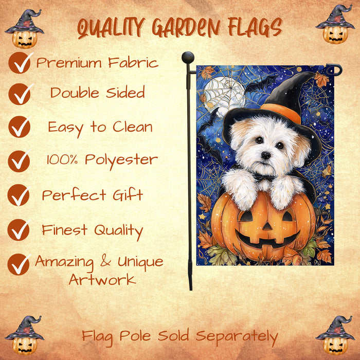 Coton de Tulear Dog Halloween Garden Flag with Trick or Treat Witch Hat Outdoor Yard Banner Fall Harvest Lawn Decoration Autumn Holiday Décor Gift for Friends Single or Double Sided 12.5 x 18