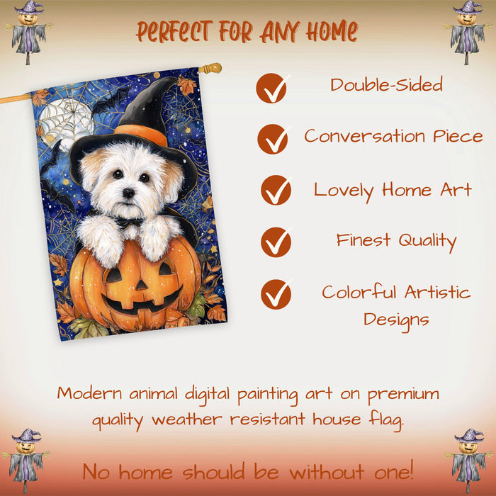 Coton de Tulear Dog Halloween House Flag with Trick or Treat Witch Hat Fall Harvest Porch Banner Autumn Farmhouse Outdoor Home Decoration for Dog Lovers and Friends Double Sided 28 x 40