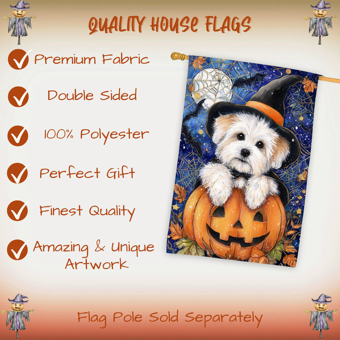 Coton de Tulear Dog Halloween House Flag with Trick or Treat Witch Hat Fall Harvest Porch Banner Autumn Farmhouse Outdoor Home Decoration for Dog Lovers and Friends Double Sided 28 x 40