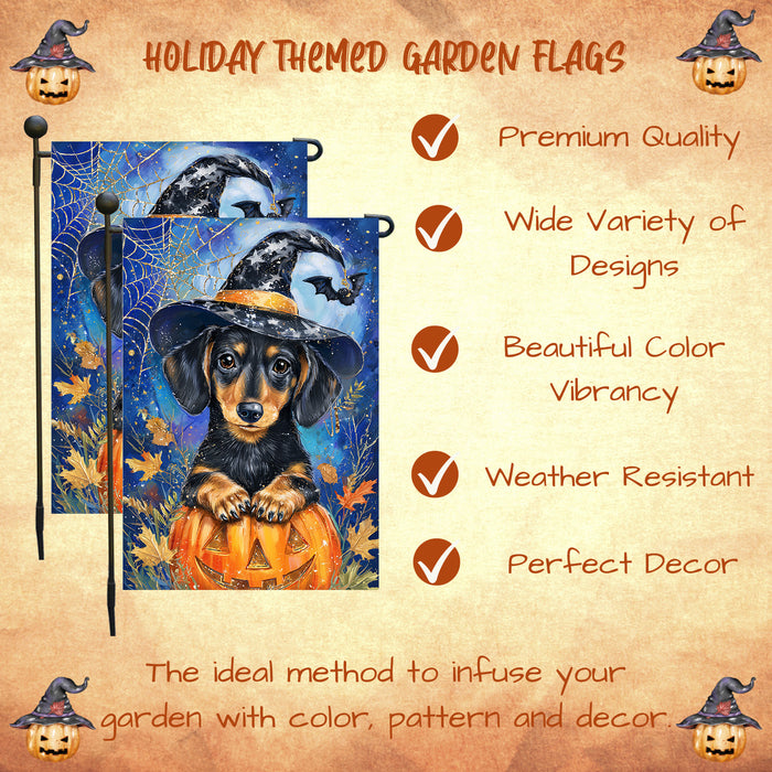 Witch Hat Dachshund Puppy Yard Flag Autumn Leaf Outdoor Decor Halloween Welcome Sign Thanksgiving Dog Lover Gift Lawn Pathway Spider Web Flag Single or Double Sided 12.5 x 18 Inch
