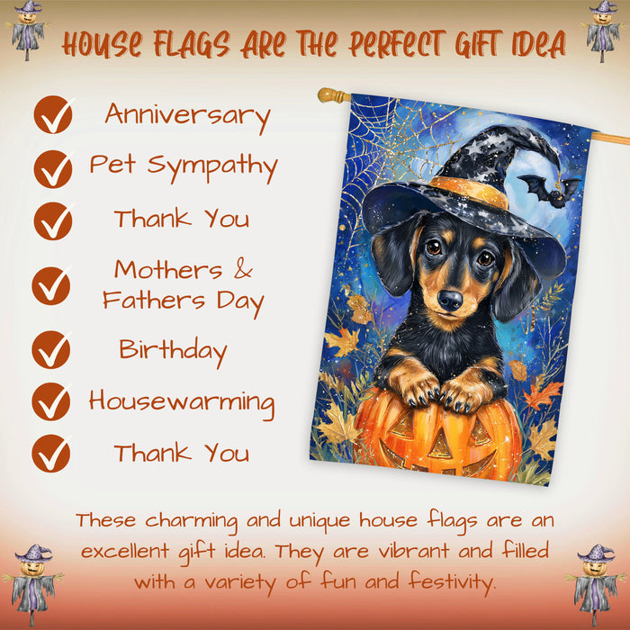 Witch Hat Dachshund Fall House Flag 28 x 40 Inch Halloween Thanksgiving Outdoor Decor Double Sided Dog Lover Gift
