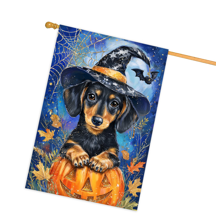 Witch Hat Dachshund Fall House Flag 28 x 40 Inch Halloween Thanksgiving Outdoor Decor Double Sided Dog Lover Gift