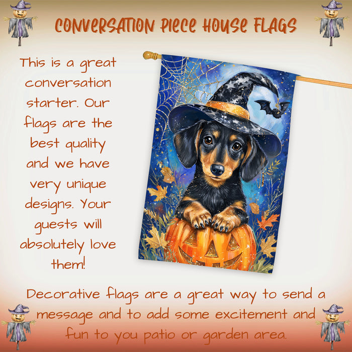 Witch Hat Dachshund Fall House Flag 28 x 40 Inch Halloween Thanksgiving Outdoor Decor Double Sided Dog Lover Gift