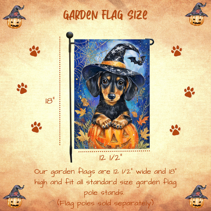 Witch Hat Dachshund Puppy Yard Flag Autumn Leaf Outdoor Decor Halloween Welcome Sign Thanksgiving Dog Lover Gift Lawn Pathway Spider Web Flag Single or Double Sided 12.5 x 18 Inch