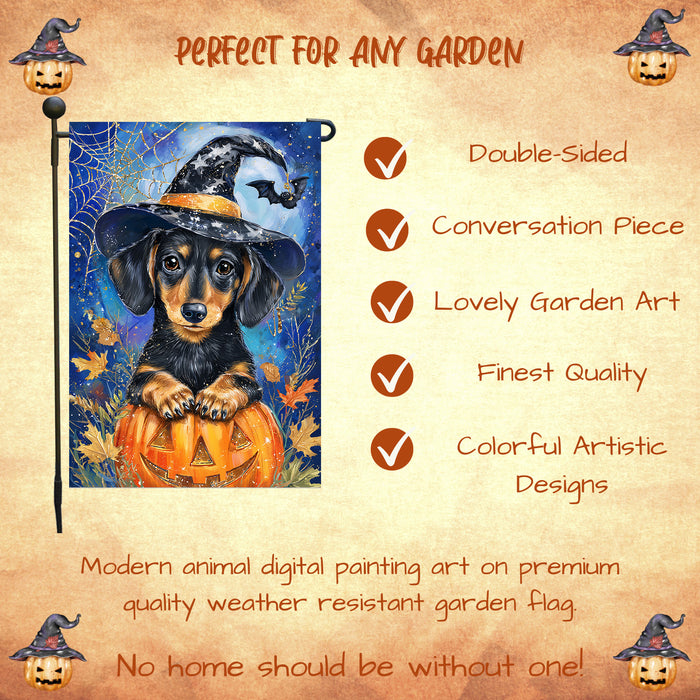 Witch Hat Dachshund Puppy Yard Flag Autumn Leaf Outdoor Decor Halloween Welcome Sign Thanksgiving Dog Lover Gift Lawn Pathway Spider Web Flag Single or Double Sided 12.5 x 18 Inch