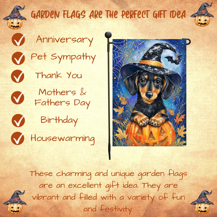 Witch Hat Dachshund Puppy Yard Flag Autumn Leaf Outdoor Decor Halloween Welcome Sign Thanksgiving Dog Lover Gift Lawn Pathway Spider Web Flag Single or Double Sided 12.5 x 18 Inch