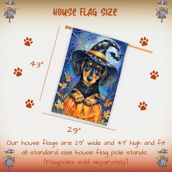 Witch Hat Dachshund Fall House Flag 28 x 40 Inch Halloween Thanksgiving Outdoor Decor Double Sided Dog Lover Gift