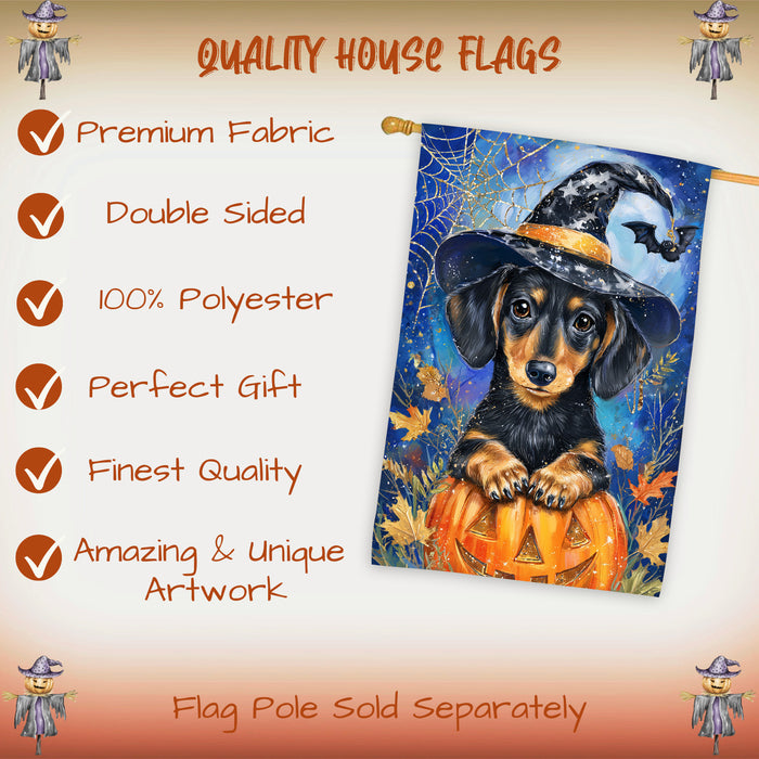 Witch Hat Dachshund Fall House Flag 28 x 40 Inch Halloween Thanksgiving Outdoor Decor Double Sided Dog Lover Gift