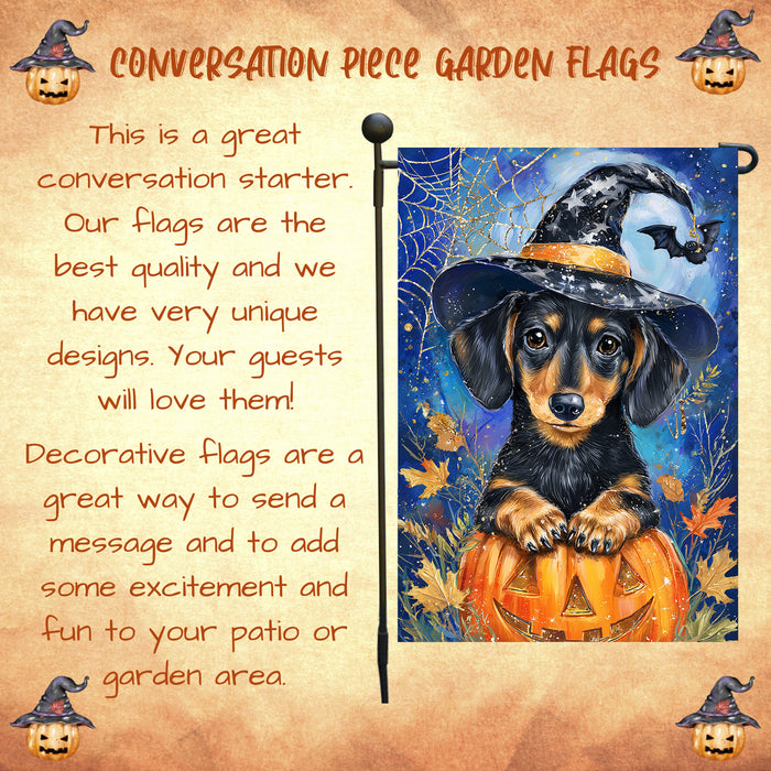 Witch Hat Dachshund Puppy Yard Flag Autumn Leaf Outdoor Decor Halloween Welcome Sign Thanksgiving Dog Lover Gift Lawn Pathway Spider Web Flag Single or Double Sided 12.5 x 18 Inch